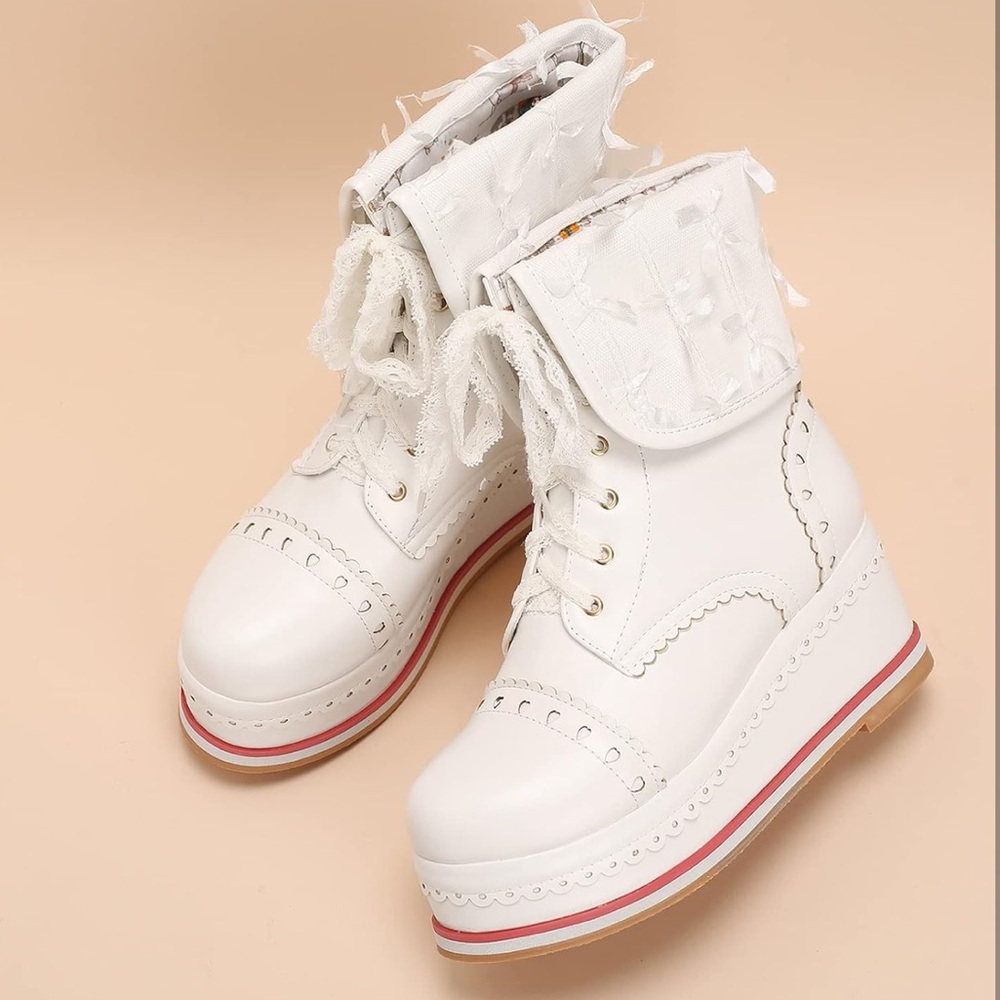 Women's white Cute Platform Boots, Lace-up Cosplay Wedges Ankle Boots
